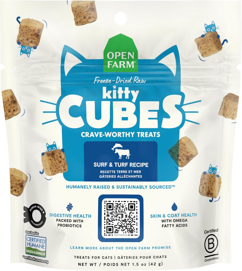 Open Farm, Kitty Cubes, Freeze Dried Raw Cat Treats, Grain-Free, High-Protein Cat Treat with Probiotics, Omega Fatty Acids & Superfoods, Surf & Turf Recipe, 1.5oz Bag - Image 1