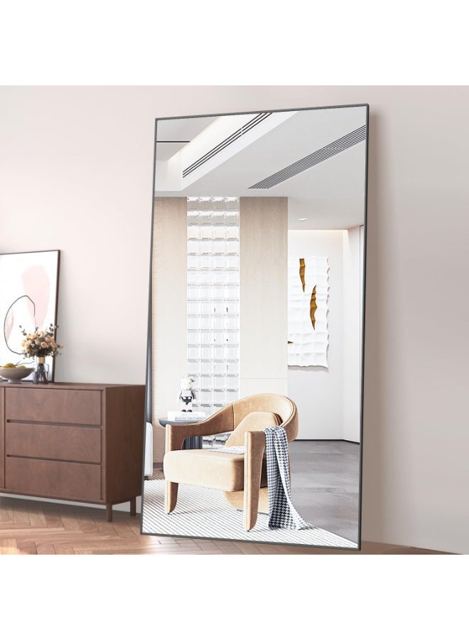 CASSILANDO Full Length Mirror 193x86cm Black Floor Mirror with Stand Large Full Body Mirror Rectangle for Bedroom Aluminum Alloy Thin Frame Standing Hanging or Leaning Against Wall - Image 3