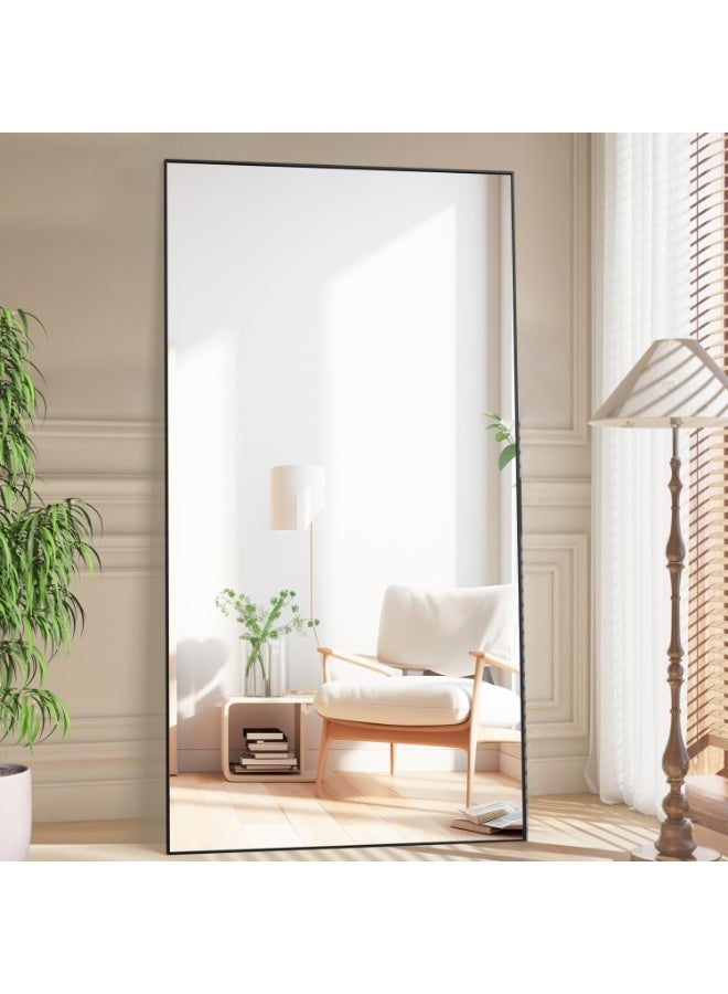 CASSILANDO Full Length Mirror 193x86cm Black Floor Mirror with Stand Large Full Body Mirror Rectangle for Bedroom Aluminum Alloy Thin Frame Standing Hanging or Leaning Against Wall - Image 1