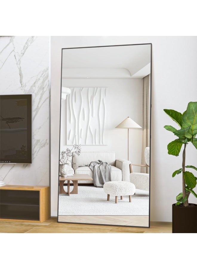 CASSILANDO Full Length Mirror 193x86cm Black Floor Mirror with Stand Large Full Body Mirror Rectangle for Bedroom Aluminum Alloy Thin Frame Standing Hanging or Leaning Against Wall - Image 5