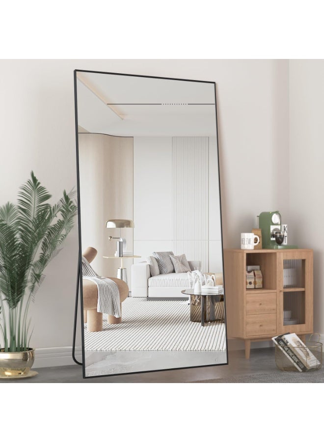 CASSILANDO Full Length Mirror 193x86cm Black Floor Mirror with Stand Large Full Body Mirror Rectangle for Bedroom Aluminum Alloy Thin Frame Standing Hanging or Leaning Against Wall - Image 2
