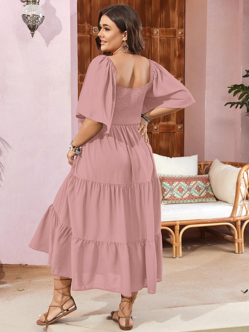 SCOMCHIC Women's Plus Size Flowy Maxi Dress Flutter Short Sleeve Boho Dress Square Neck Smocked Formal Dresses for Women Dusty Pink - Image 2