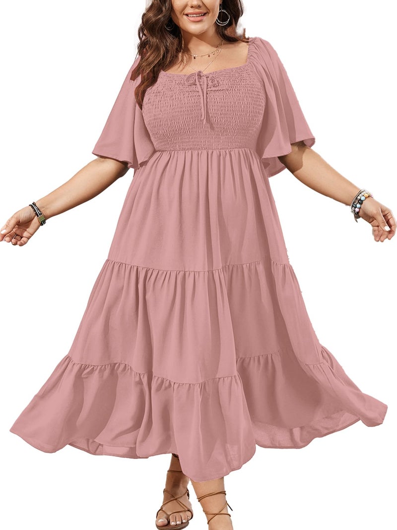 SCOMCHIC Women's Plus Size Flowy Maxi Dress Flutter Short Sleeve Boho Dress Square Neck Smocked Formal Dresses for Women Dusty Pink - Image 1