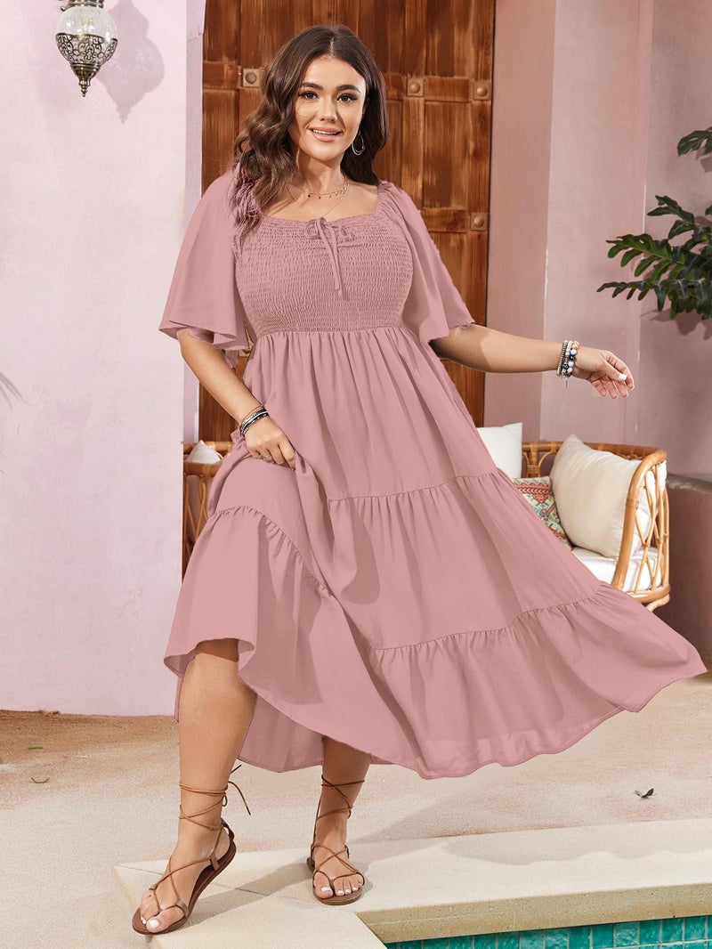 SCOMCHIC Women's Plus Size Flowy Maxi Dress Flutter Short Sleeve Boho Dress Square Neck Smocked Formal Dresses for Women Dusty Pink - Image 4