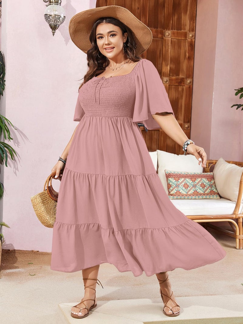 SCOMCHIC Women's Plus Size Flowy Maxi Dress Flutter Short Sleeve Boho Dress Square Neck Smocked Formal Dresses for Women Dusty Pink - Image 3