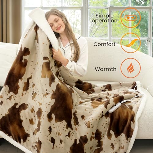 blunique Cow Print Heated Throw Blanket Electric Blanket-Heating Blanket Throw with 5 Heat Levels & 4 Hours Auto-Off, Cozy Soft Fleece Sherpa, Washable, 50 x 60 Inches Cow Print Apricot - Image 3