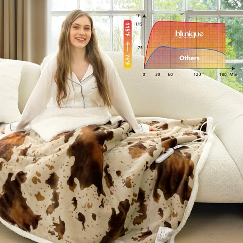 blunique Cow Print Heated Throw Blanket Electric Blanket-Heating Blanket Throw with 5 Heat Levels & 4 Hours Auto-Off, Cozy Soft Fleece Sherpa, Washable, 50 x 60 Inches Cow Print Apricot - Image 4