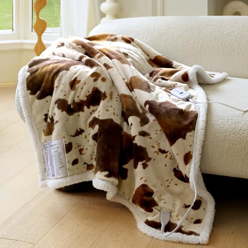 blunique Cow Print Heated Throw Blanket Electric Blanket-Heating Blanket Throw with 5 Heat Levels & 4 Hours Auto-Off, Cozy Soft Fleece Sherpa, Washable, 50 x 60 Inches Cow Print Apricot - Image 2
