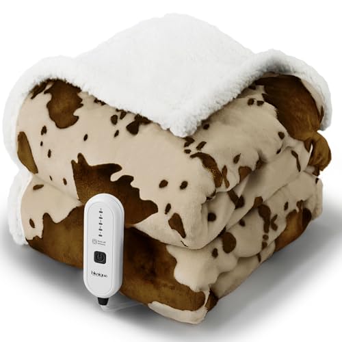 blunique Cow Print Heated Throw Blanket Electric Blanket-Heating Blanket Throw with 5 Heat Levels & 4 Hours Auto-Off, Cozy Soft Fleece Sherpa, Washable, 50 x 60 Inches Cow Print Apricot - Image 1