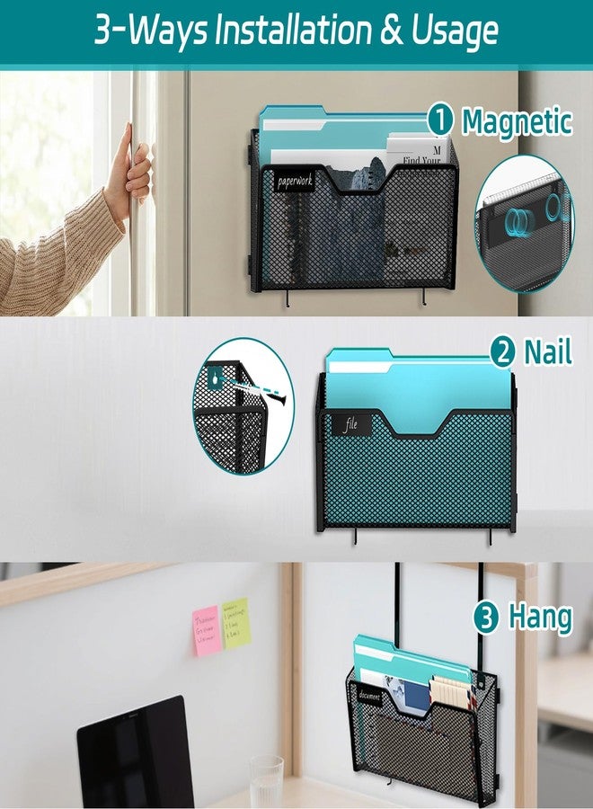 ReePlan 3 Pack Magnetic File Holder Wall File Organizer with Label Panel and 2 Hooks Magnetic Paper Mail Holder for File Office, Cabinets and Whiteboard, Black - Image 2