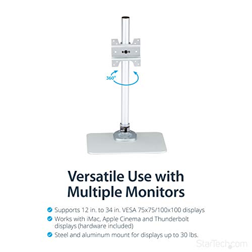 StarTech.com Single Monitor Stand, Adjustable, Supports UHD, iMac and Apple Thunderbolt Displays from 12'' to 34" (30.9lb/14kg), Premium Single Screen VESA Monitor Mount Stand, Silver, TAA - Image 3