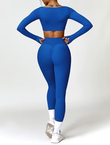 ABOCIW Workout Sets for Women 2 Piece Square Neck Long Sleeve Workout Crop Top Scrunch Butt Lifting High Waist Leggings Gym Yoga Outfits Z-Royal Blue Small - Image 2