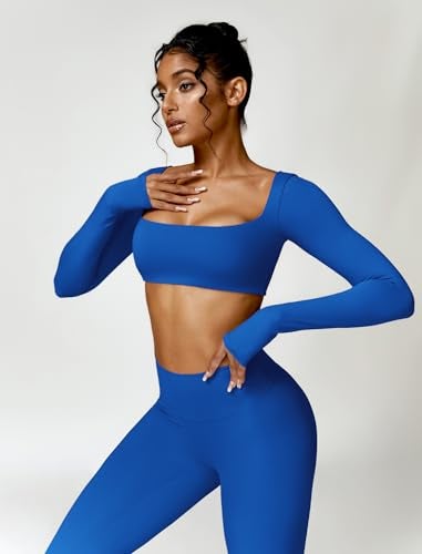 ABOCIW Workout Sets for Women 2 Piece Square Neck Long Sleeve Workout Crop Top Scrunch Butt Lifting High Waist Leggings Gym Yoga Outfits Z-Royal Blue Small - Image 5