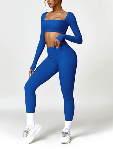 ABOCIW Workout Sets for Women 2 Piece Square Neck Long Sleeve Workout Crop Top Scrunch Butt Lifting High Waist Leggings Gym Yoga Outfits Z-Royal Blue Small - Image 4
