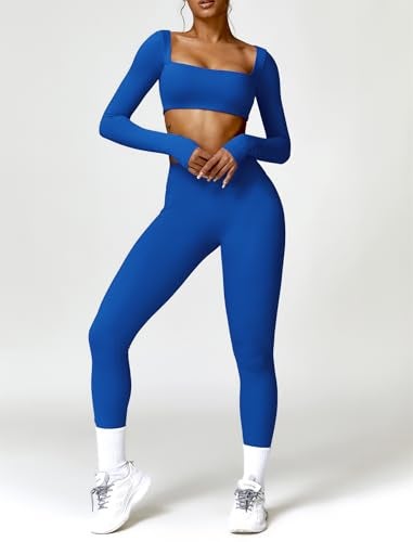 ABOCIW Workout Sets for Women 2 Piece Square Neck Long Sleeve Workout Crop Top Scrunch Butt Lifting High Waist Leggings Gym Yoga Outfits Z-Royal Blue Small - Image 3