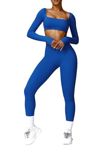 ABOCIW Workout Sets for Women 2 Piece Square Neck Long Sleeve Workout Crop Top Scrunch Butt Lifting High Waist Leggings Gym Yoga Outfits Z-Royal Blue Small - Image 1