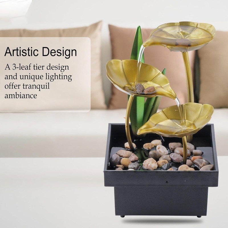 Illuminati store Metal Tabletop Water Fountain Indoor Waterfall with Lotus Design Deep Basin with River Rocks Zen Home Decor - Image 4