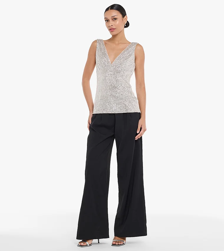 BCBG Womens V Neck Sequins Top