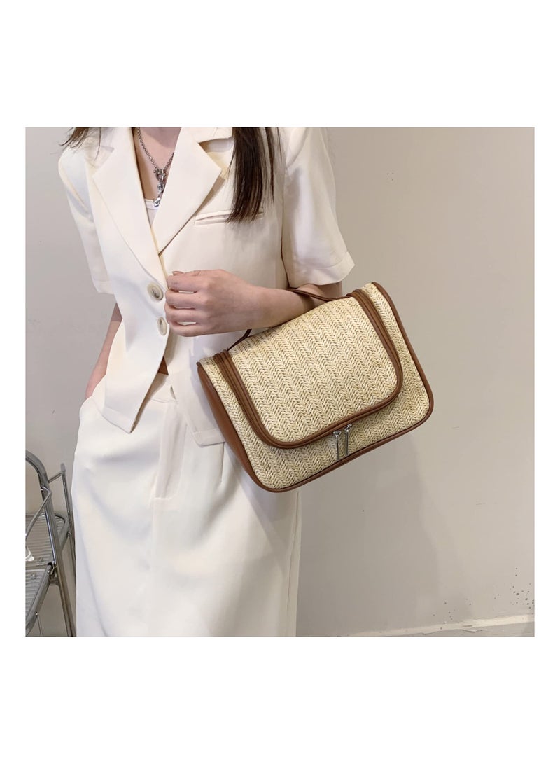 SYOSI Straw Weaving handbag, Travel Toiletry Bag, Cosmetic Bag For Women Large Makeup Bag Organizer, Hand-Portable Makeup Bag, Size of 27x12x20Cm Khaki - Image 3