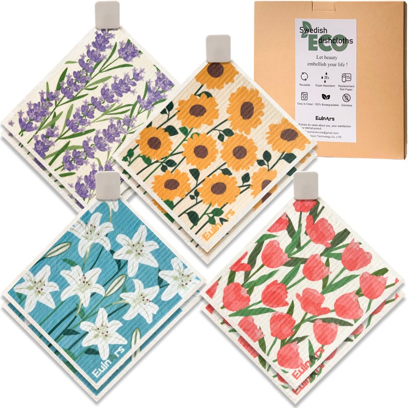 Eulnars Swedish Dishcloths for Kitchen, 8 Pack Flower Reusable Paper Towels Washable, Non-Scratch Swedish Kitchen Towels, Super Absorbent Cellulose Dish Cloths, Eco Friendly Gifts - Image 1