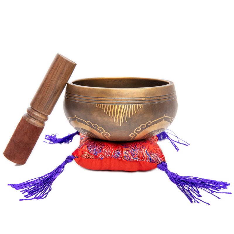 HIMALAYAN BAZAAR Tibetan Singing Bowl Set - Easy To Play Authentic Handcrafted For Meditation Sound Chakra Yoga Healing 4 Inches By Himalayan Bazaar (Brown and Maroon) - Image 5