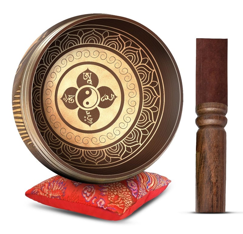 HIMALAYAN BAZAAR Tibetan Singing Bowl Set - Easy To Play Authentic Handcrafted For Meditation Sound Chakra Yoga Healing 4 Inches By Himalayan Bazaar (Brown and Maroon) - Image 1
