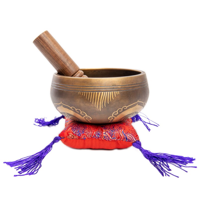 HIMALAYAN BAZAAR Tibetan Singing Bowl Set - Easy To Play Authentic Handcrafted For Meditation Sound Chakra Yoga Healing 4 Inches By Himalayan Bazaar (Brown and Maroon) - Image 4