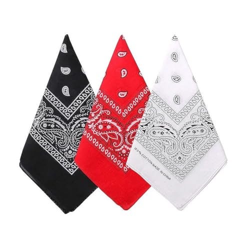 DIKHAWA Men 3 Pack 100% Cotton Paisley Pattern Bandanas Square Scarf Headwear (Black + White + Red) - Image 1