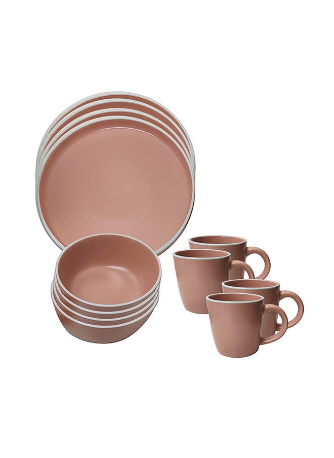 Feelings 12 Piece Stoneware Dinner Set With 4 X 27 Cm Dinner Plate, 4 X 16 X 6.5 Cm Bowls, 4 X 385 Ml Mugs, Serves 4 For Everyday Use, Pink  - Image 1