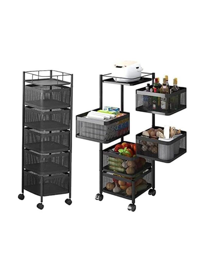 كوينز منظم مطبخ متعدد الطبقات - رف تخزين للمطبخ، دوّار مع 4 عجلات متحركة، تخزين للفواكه والخضروات، (5 طبقات) - Image 1