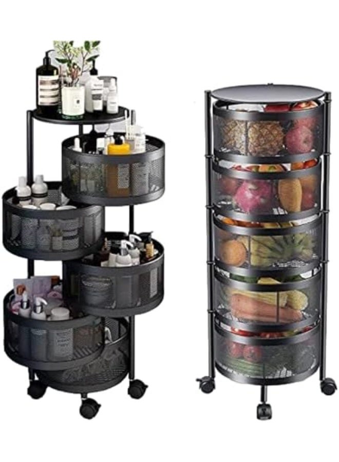 كوينز منظم مطبخ متعدد الطبقات - رف تخزين للمطبخ، دوّار مع 4 عجلات متحركة، تخزين للفواكه والخضروات، (5 طبقات) - Image 2