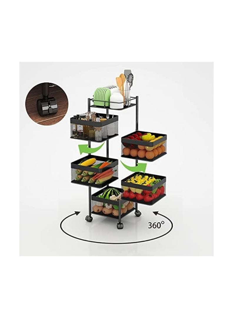 كوينز منظم مطبخ متعدد الطبقات - رف تخزين للمطبخ، دوّار مع 4 عجلات متحركة، تخزين للفواكه والخضروات، (5 طبقات) - Image 3