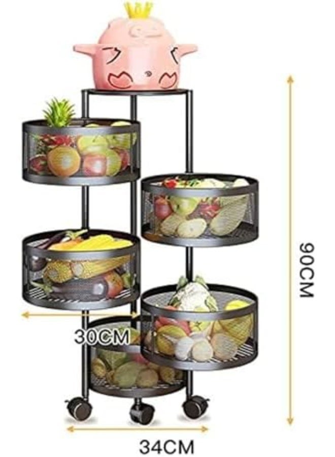 كوينز منظم مطبخ متعدد الطبقات - رف تخزين للمطبخ، دوّار مع 4 عجلات متحركة، تخزين للفواكه والخضروات، (5 طبقات) - Image 5