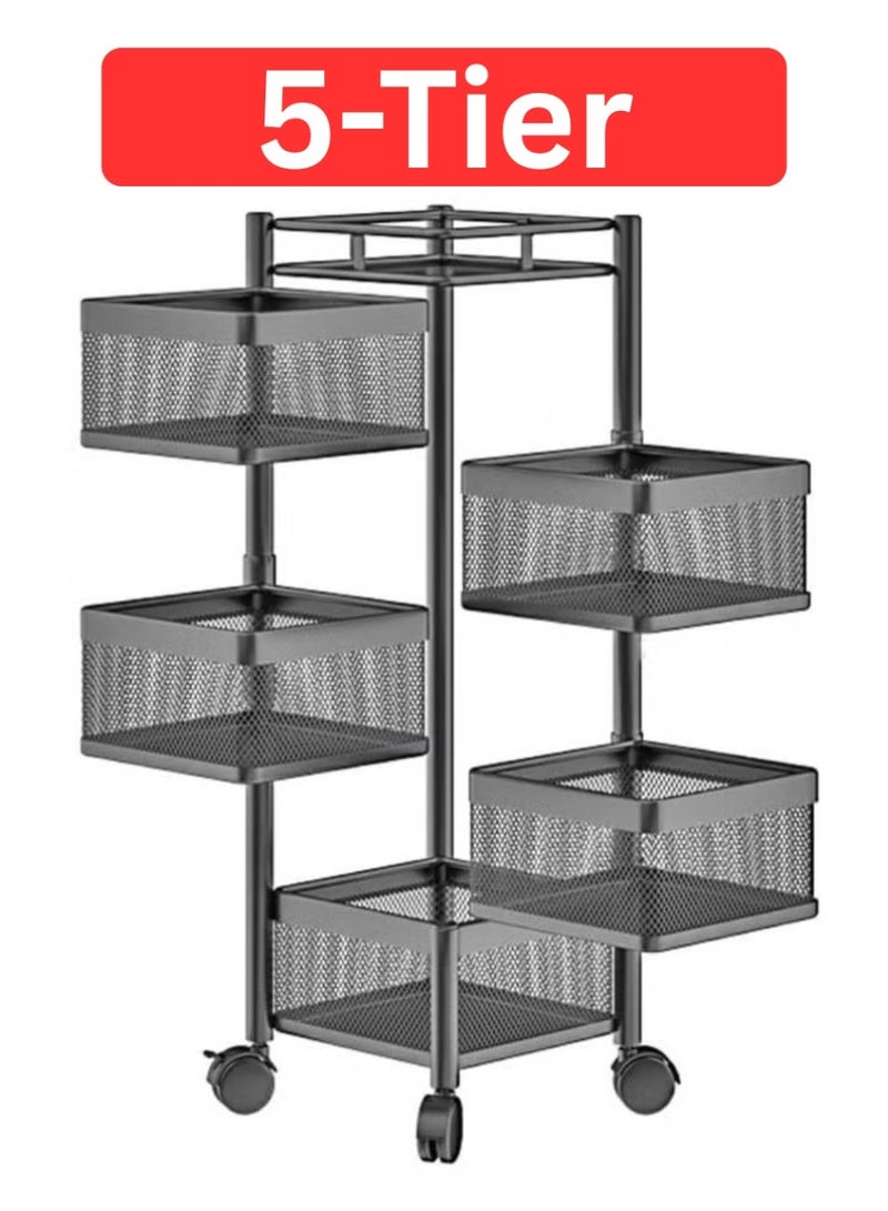 بنوتي سلة فواكه وخضروات دوّارة 5 طبقات بعجلات – منظم مطبخ ورف خضروات لتخزين البطاطس والبصل والفواكه – عربة تخزين معدنية شبكية متعددة الاستخدامات للمطبخ والحمام والمخزن – منظم مطبخ بعجلات وسلة فواكه متعددة الطبقات - Image 1