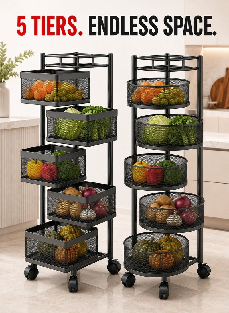 Queens 5-Tier Rotating Kitchen Storage Rack with Wheels, Metal Mesh Fruit & Vegetable Storage Basket Cart, Onion Potato Organizer, Rolling Kitchen Trolley, Pantry Storage Rack for Fruits, Vegetables, Snacks, Bathroom & Laundry - Image 1