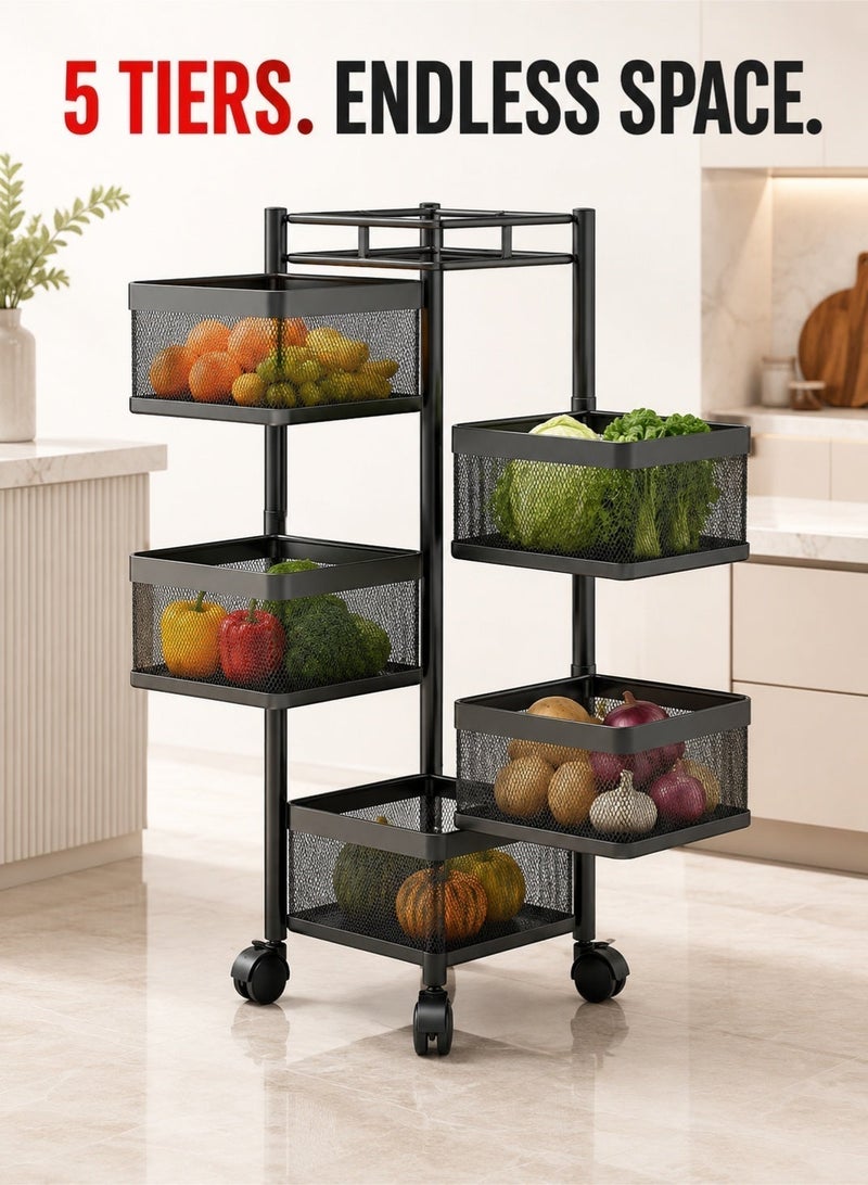 Queens 5-Tier Rotating Kitchen Storage Rack with Wheels, Metal Mesh Fruit & Vegetable Storage Basket Cart, Onion Potato Organizer, Rolling Kitchen Trolley, Pantry Storage Rack for Fruits, Vegetables, Snacks, Bathroom & Laundry - Image 5