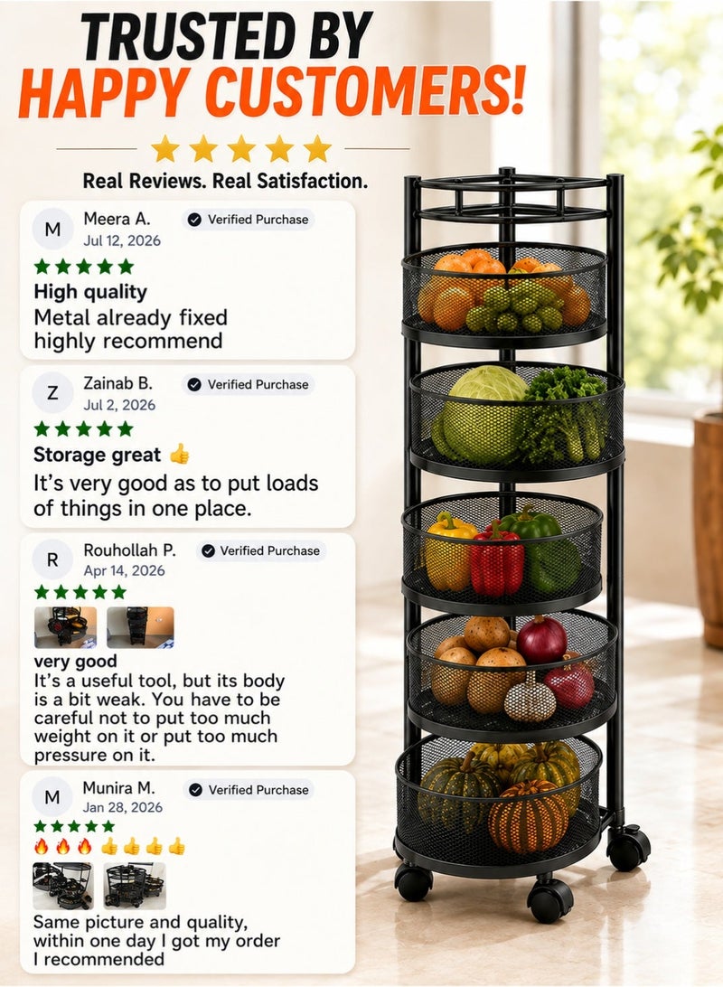 Queens 5-Tier Rotating Kitchen Storage Rack with Wheels, Metal Mesh Fruit & Vegetable Storage Basket Cart, Onion Potato Organizer, Rolling Kitchen Trolley, Pantry Storage Rack for Fruits, Vegetables, Snacks, Bathroom & Laundry - Image 2