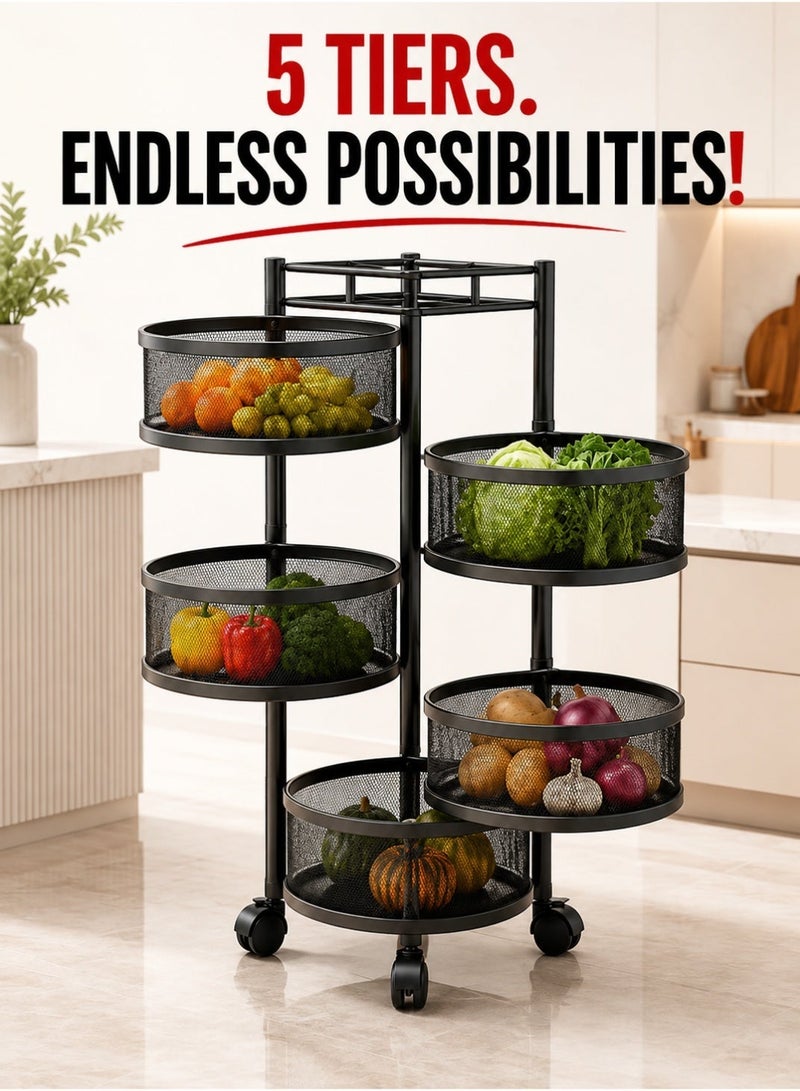 Queens 5-Tier Rotating Kitchen Storage Rack with Wheels, Metal Mesh Fruit & Vegetable Storage Basket Cart, Onion Potato Organizer, Rolling Kitchen Trolley, Pantry Storage Rack for Fruits, Vegetables, Snacks, Bathroom & Laundry - Image 4