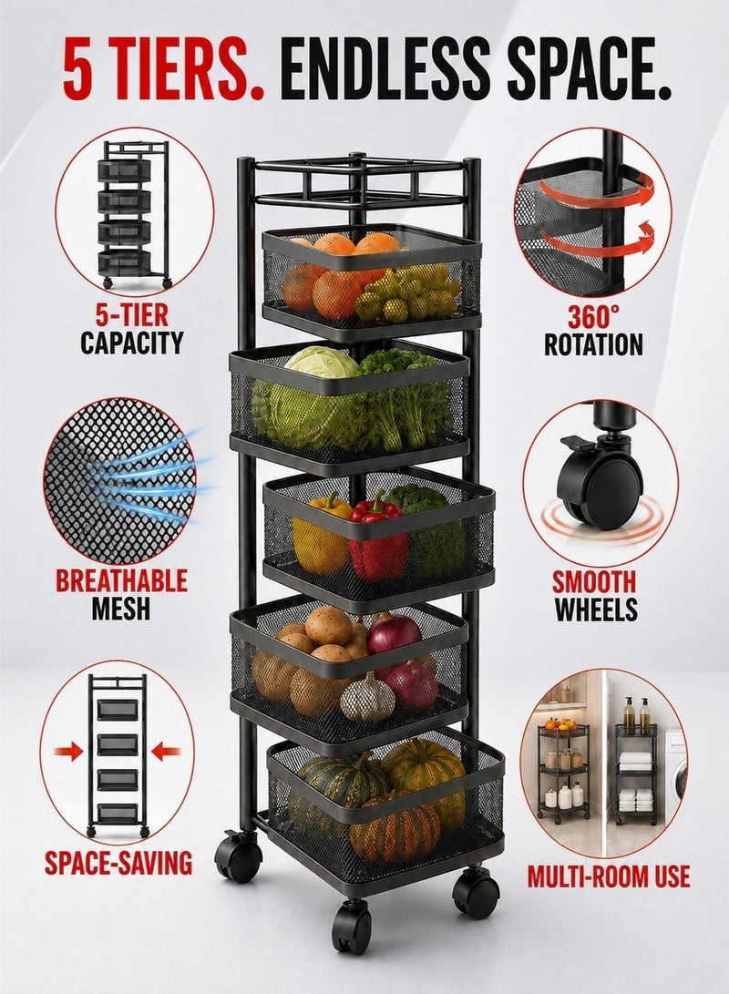 Queens 5-Tier Rotating Kitchen Storage Rack with Wheels, Metal Mesh Fruit & Vegetable Storage Basket Cart, Onion Potato Organizer, Rolling Kitchen Trolley, Pantry Storage Rack for Fruits, Vegetables, Snacks, Bathroom & Laundry - Image 3