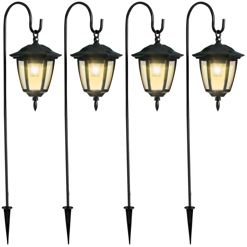 Dynaming 4 Pack Solar Hanging Lights Outdoor, Solar Powered Garden Decorative Lanterns with 4 x 38 Inch Shepherd Hooks, Waterproof Landscape Lighting for Lawn Patio Yard Pathway Driveway, Warm White - Image 1