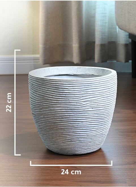 Decorative Round Fiber Clay Planter with Textured Lines Suitable for Natural and Artificial Plants , Grey , Size: 24cm (L) × 24cm (W) × 22cm (H)  For Indoor and Outdoor Use