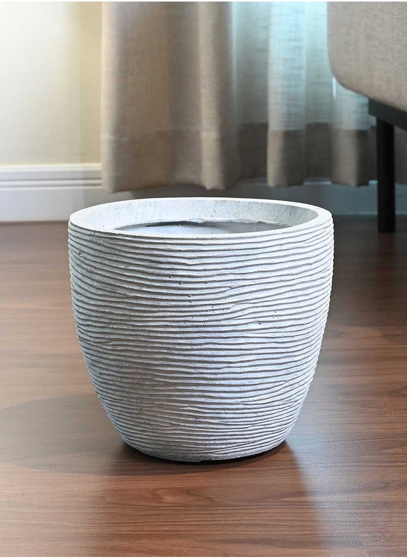 Decorative Round Fiber Clay Planter with Textured Lines Suitable for Natural and Artificial Plants , Grey , Size: 24cm (L) × 24cm (W) × 22cm (H)  For Indoor and Outdoor Use