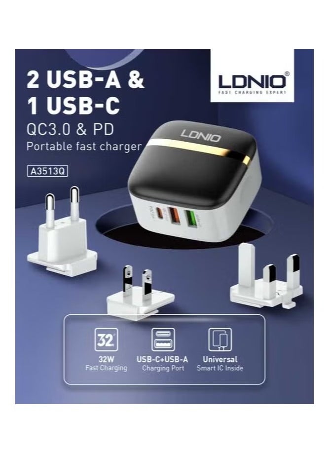 JAJEEK A3513Q High-Quality 3-Port USB Type-C 32W PD & 20W QC 3.0 Fast Charger, Mobile Phone Adapter, Wall Charger for Smartphones, Tablets, and Laptops – Rapid Charging Power Delivery - Image 2