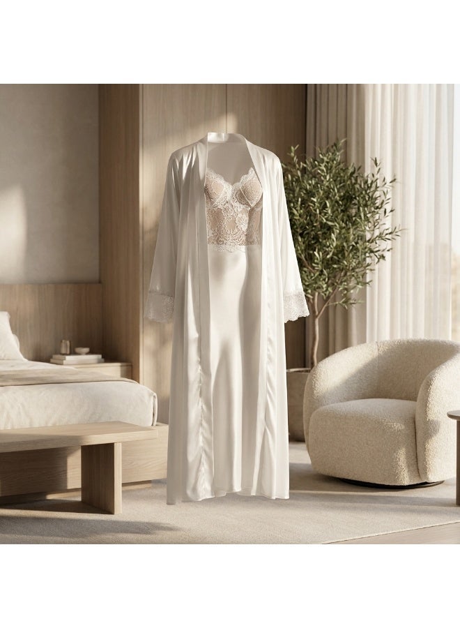 LADY Women's Satin Lace Nightdress with Long Robe – Luxury Sleepwear & Lingerie Set – White - Image 1