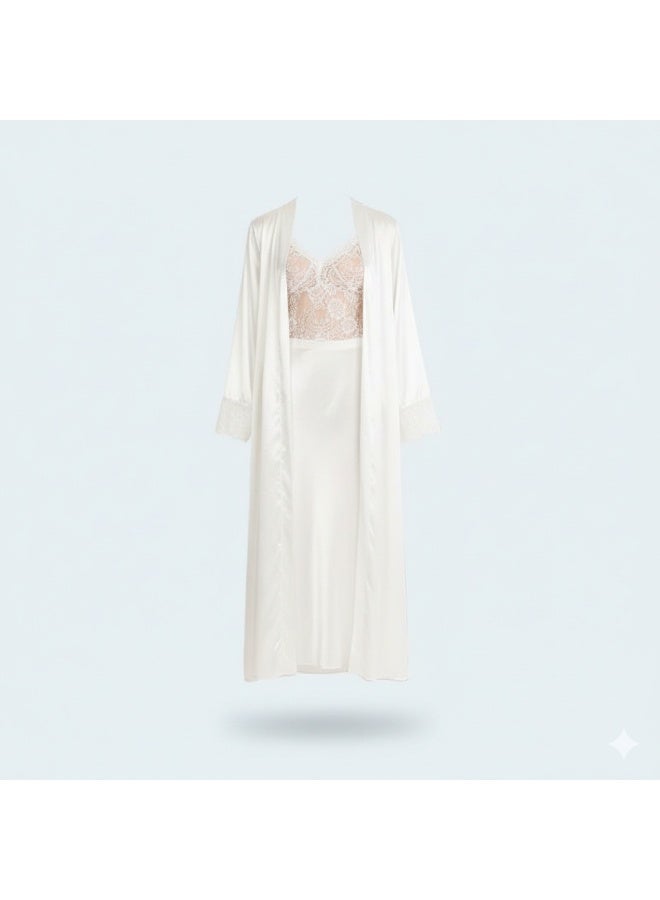 LADY Women's Satin Lace Nightdress with Long Robe – Luxury Sleepwear & Lingerie Set – White - Image 5