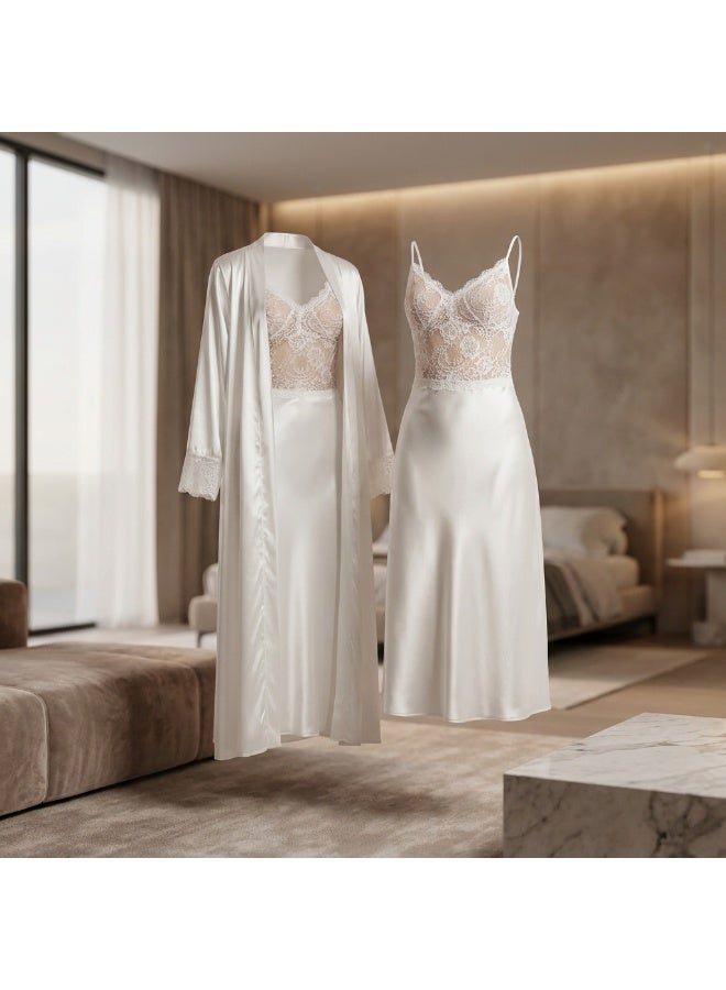 LADY Women's Satin Lace Nightdress with Long Robe – Luxury Sleepwear & Lingerie Set – White - Image 2