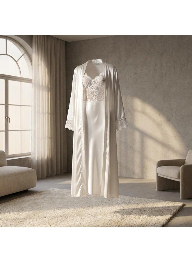 LADY Women's Satin Lace Nightdress with Long Robe – Luxury Sleepwear & Lingerie Set – White - Image 4