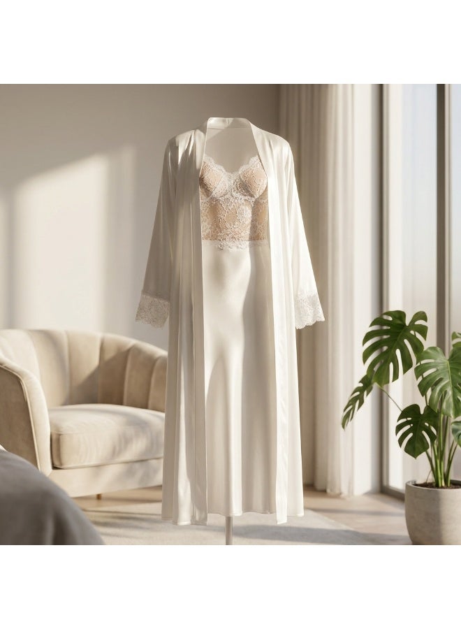 LADY Women's Satin Lace Nightdress with Long Robe – Luxury Sleepwear & Lingerie Set – White - Image 3