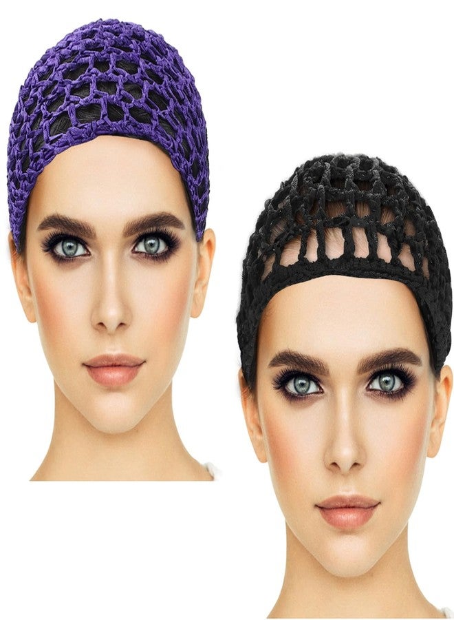 Etercycle 2 Pieces Mesh Crochet Hair Net Snoods, Soft Rayon Knit Crochet Hairnet Hair Cover Accessory Crocheted Sleep Cap for Women (Black, Purple) - Image 1