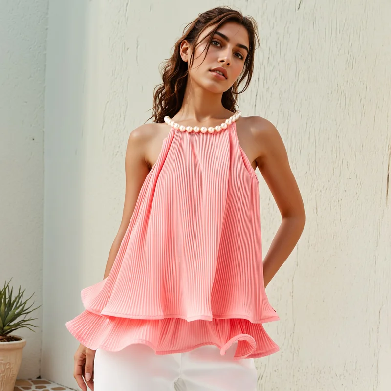2Xtremz 2Xtremz Pearl Accent Halter Neck Sleeveless Top